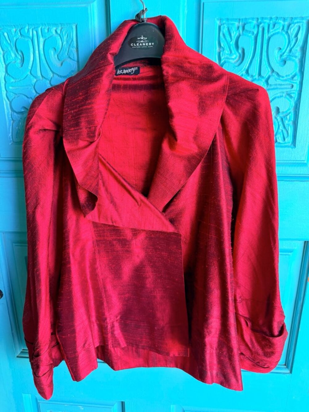 Lee Andersen Red Shantung Statement Jacket Artsy Button Evening Holiday